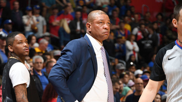 LOS ANGELES, CA - APRIL 26: Head Coach Doc Rivers of the LA Clippers looks on against the Golden State Warriors during Game Six of Round One of the 2019 NBA Playoffs on April 26, 2019 at STAPLES Center in Los Angeles, California. NOTE TO USER: User expressly acknowledges and agrees that, by downloading and/or using this photograph, user is consenting to the terms and conditions of the Getty Images License Agreement. Mandatory Copyright Notice: Copyright 2019 NBAE