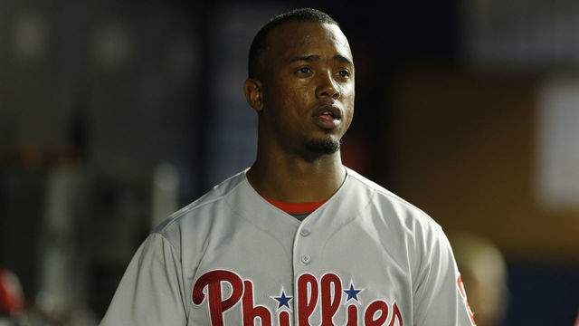 MIAMI, FLORIDA - APRIL 12: Jean Segura #2 of the Philadelphia Phillies looks on against the Miami Marlins at Marlins Park on April 12, 2019 in Miami, Florida.