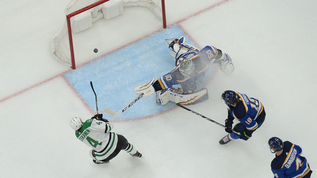 ST. LOUIS, MO - APRIL 27: Miro Heiskanen #4 of the Dallas Stars scores a goal past Jordan Binnington #50 of the St. Louis Blues in Game Two of the Western Conference Second Round during the 2019 NHL Stanley Cup Playoffs at Enterprise Center on April 27, 2019 in St. Louis, Missouri.