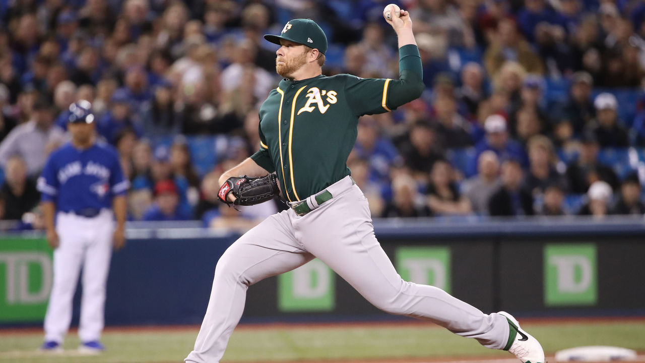 TORONTO, ON - APRIL 27: Brett Anderson #30 of the Oakland Athletics delivers a pitch in the first inning during MLB game action against the Toronto Blue Jays at Rogers Centre on April 27, 2019 in Toronto, Canada.