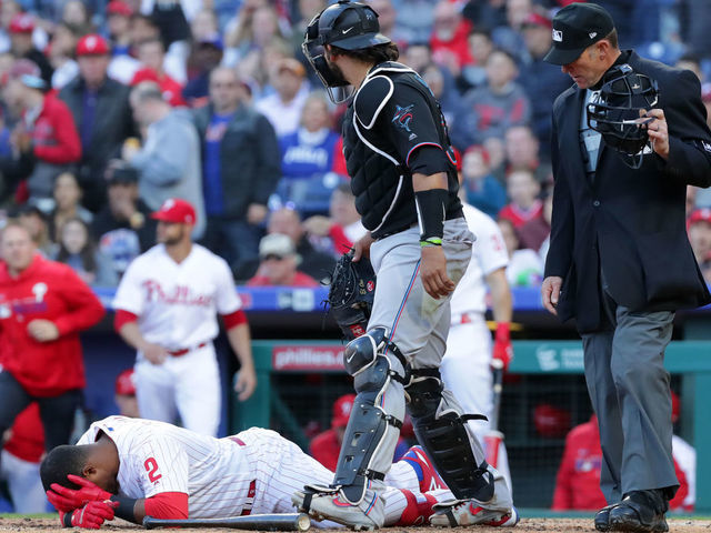 Phillies shortstop Jean Segura exits after taking fastball off