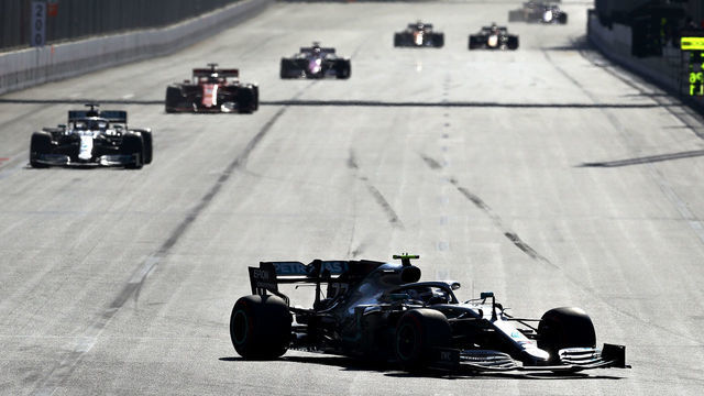 BAKU, AZERBAIJAN - APRIL 28: Valtteri Bottas driving the (77) Mercedes AMG Petronas F1 Team Mercedes W10 leads the field during the F1 Grand Prix of Azerbaijan at Baku City Circuit on April 28, 2019 in Baku, Azerbaijan.