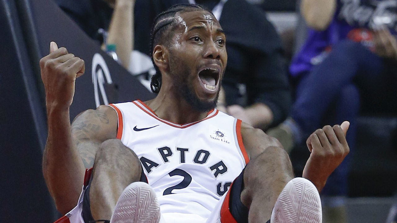 TORONTO, ON - APRIL 27: Toronto Raptors forward Kawhi Leonard (2) reacts to a no call. Toronto Raptors vs Philadelphia 76ers in1st half action of Round 2, Game 1 of NBA playoff play at Scotiabank Arena. . Toronto Star/Rick Madonik (Rick Madonik/Toronto Star via Getty Images)