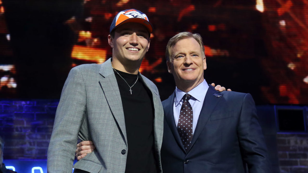 NASHVILLE, TN - APRIL 26: Missouri quarterback Drew Lock and NFL Commissioner Roger Goodell during the second round of the 2019 NFL Draft on April 26, 2019, at the Draft Main Stage on Lower Broadway in downtown Nashville, TN.