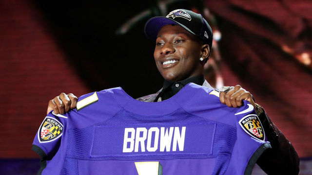 NASHVILLE, TENNESSEE - APRIL 25: Marquise Brown of Oklahoma reacts after being chosen #25 overall by the Baltimore Ravens during the first round of the 2019 NFL Draft on April 25, 2019 in Nashville, Tennessee.