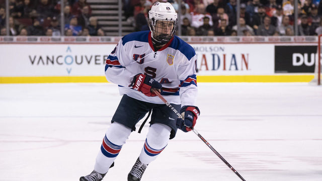 VANCOUVER, BC - JANUARY 5: Jack Hughes #6 of the United States skates with the puck in Gold Medal hockey action of the 2019 IIHF World Junior Championship against Finland on January, 5, 2019 at Rogers Arena in Vancouver, British Columbia, Canada.
