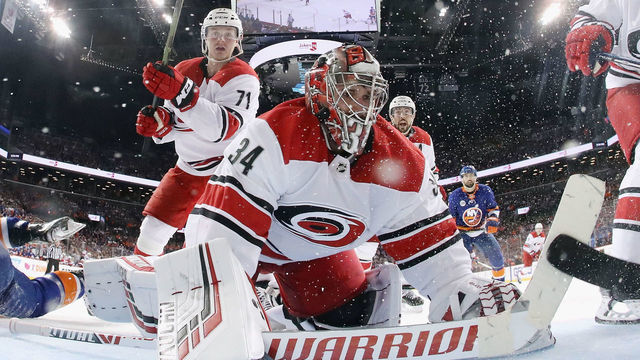 NEW YORK, NEW YORK - APRIL 26: Petr Mrazek #34 of the Carolina Hurricanes tends net against the New York Islanders in Game One of the Eastern Conference Second Round during the 2019 NHL Stanley Cup Playoffs at the Barclays Center on April 26, 2019 in the Brooklyn borough of New York City.