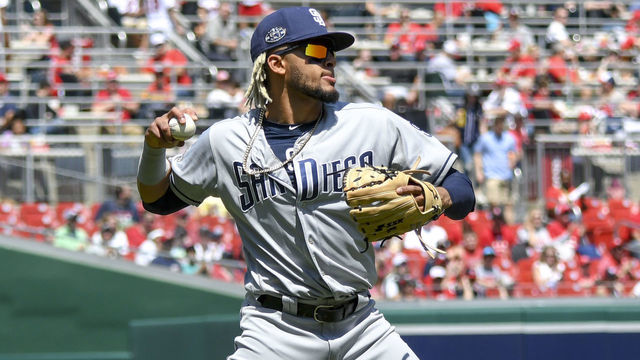 WASHINGTON, DC - APRIL 28: San Diego Padres shortstop Fernando Tatis Jr. (23) sets up to throw during the game between the San Diego Padres and the Washington Nationals on April 28, 2019, at Nationals Park, in Washington D.C.