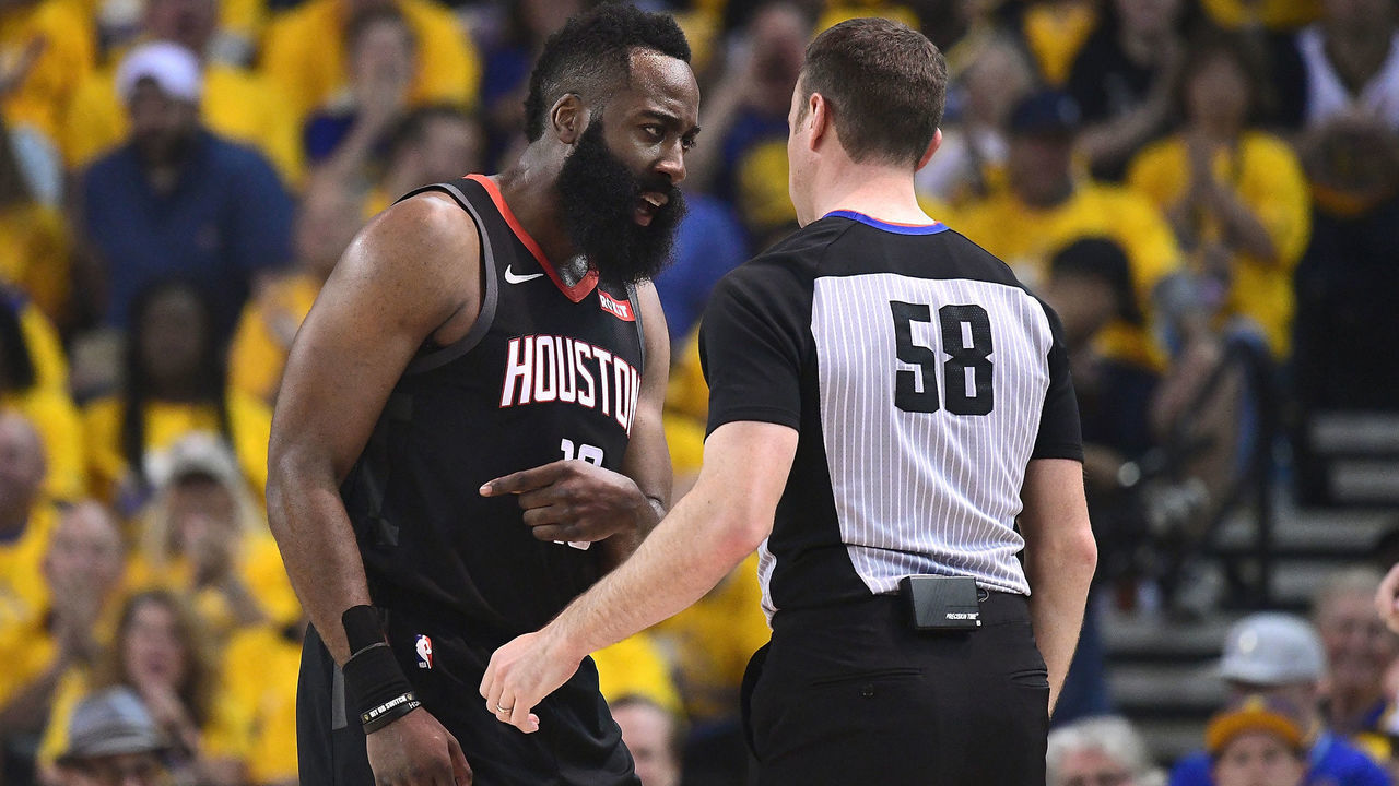 OAKLAND, CA - APRIL 28: James Harden #13 of the Houston Rockets complains over a foul call on him against the Golden State Warriors to referee Josh Tiven #58 during Game One of the Second Round of the 2019 NBA Western Conference Playoffs at ORACLE Arena on April 28, 2019 in Oakland, California.