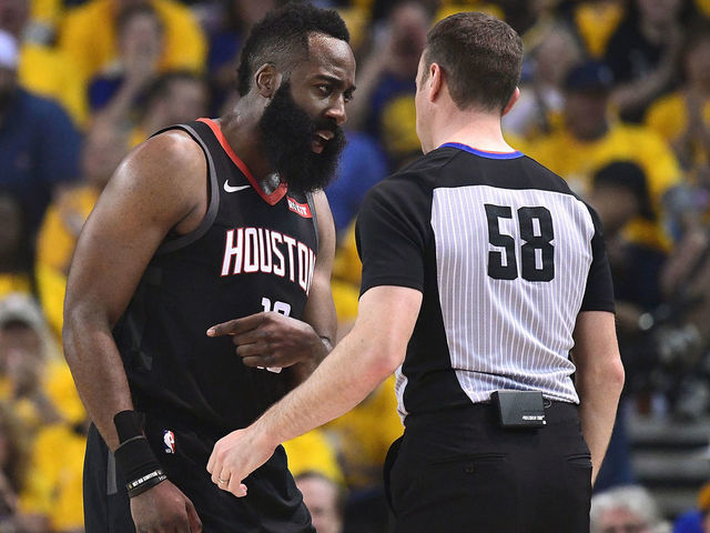 OAKLAND, CA - APRIL 28: James Harden #13 of the Houston Rockets complains over a foul call on him against the Golden State Warriors to referee Josh Tiven #58 during Game One of the Second Round of the 2019 NBA Western Conference Playoffs at ORACLE Arena on April 28, 2019 in Oakland, California.