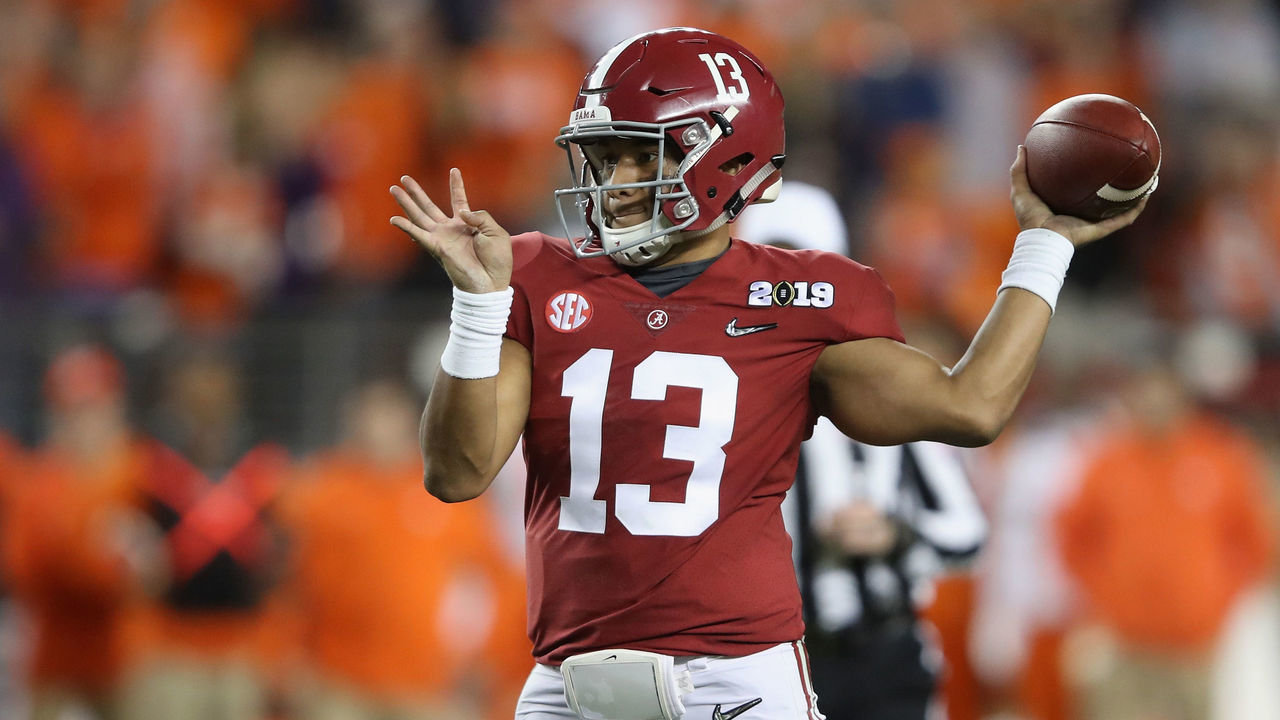 SANTA CLARA, CA - JANUARY 07: Tua Tagovailoa #13 of the Alabama Crimson Tide attempts a pass against the Clemson Tigers during the second half in the CFP National Championship presented by AT&T at Levi's Stadium on January 7, 2019 in Santa Clara, California.