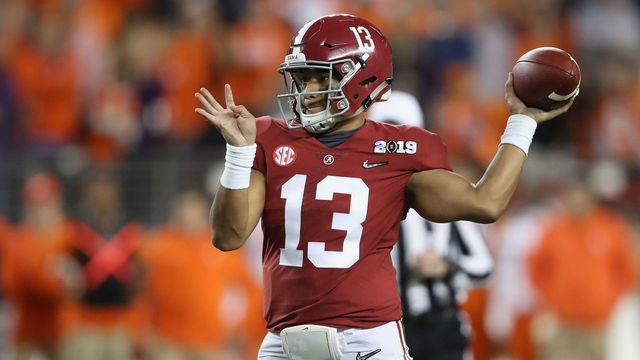 SANTA CLARA, CA - JANUARY 07: Tua Tagovailoa #13 of the Alabama Crimson Tide attempts a pass against the Clemson Tigers during the second half in the CFP National Championship presented by AT&T at Levi's Stadium on January 7, 2019 in Santa Clara, California.