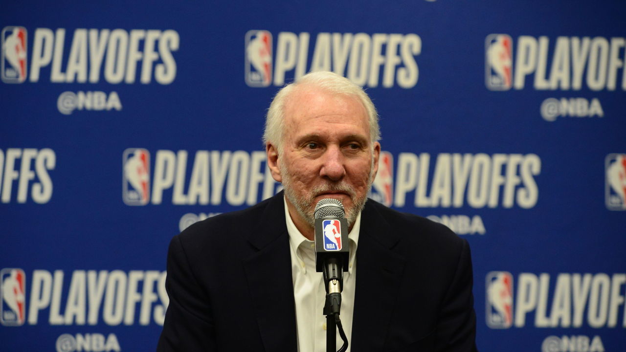 DENVER, CO - APRIL 27: Head Coach Gregg Popovich of the San Antonio Spurs talks at the press conference after Game Seven of Round One of the 2019 NBA Playoffs against the Denver Nuggets on April 27, 2019 at the Pepsi Center in Denver, Colorado. NOTE TO USER: User expressly acknowledges and agrees that, by downloading and/or using this Photograph, user is consenting to the terms and conditions of the Getty Images License Agreement. Mandatory Copyright Notice: Copyright 2019 NBAE