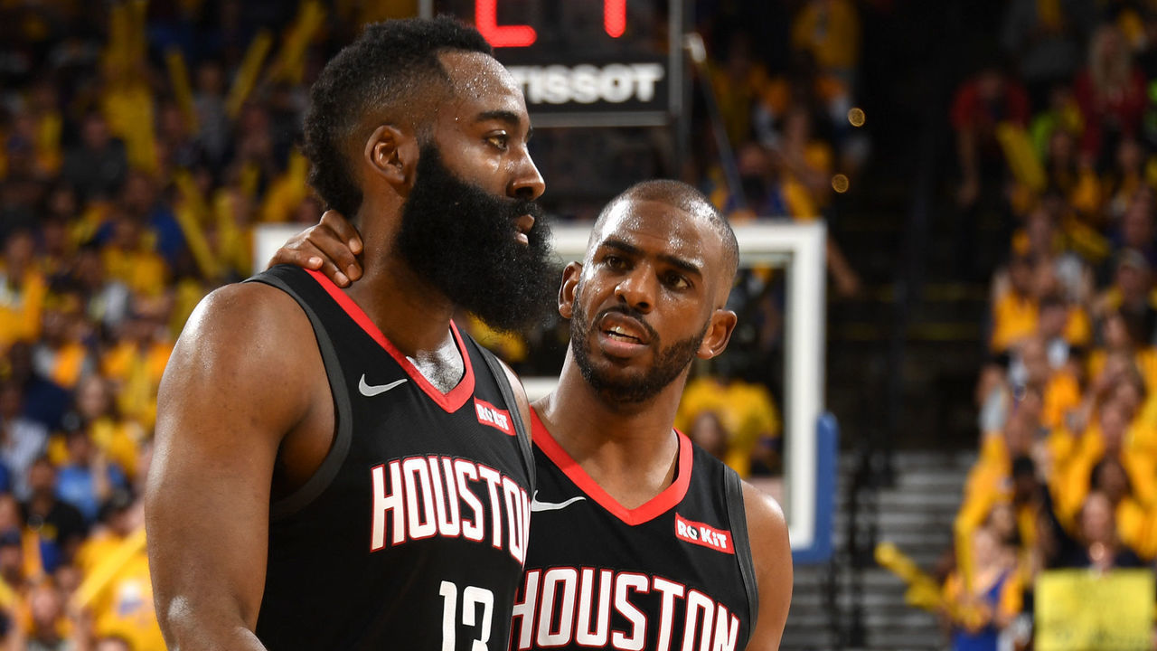 OAKLAND, CA - APRIL 28: James Harden #13, and Chris Paul #3 of the Houston Rockets talk against the Golden State Warriors during the Western Conference Semi-Finals of the NBA Playoffs on April 28, 2019 at ORACLE Arena in Oakland, California. NOTE TO USER: User expressly acknowledges and agrees that, by downloading and or using this photograph, user is consenting to the terms and conditions of Getty Images License Agreement. Mandatory Copyright Notice: Copyright 2019 NBAE