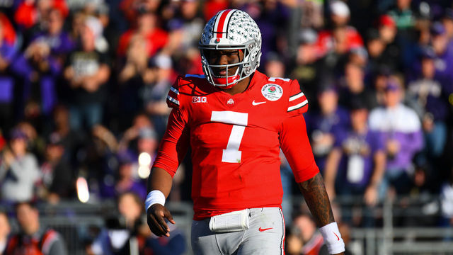 PASADENA, CA - JANUARY 01: Ohio State (7) Dwayne Haskins (QB) looks on during the Rose Bowl Game between the Washington Huskies and Ohio State Buckeyes on January 1, 2019, at the Rose Bowl in Pasadena, CA.