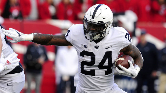BLOOMINGTON, IN - OCTOBER 20: Penn State Nittany Lions running back Miles Sanders (24) runs with the ball during the Big Ten Conference college football game between the Penn State Nittany Lions and the Indiana Hoosiers on October 20, 2018, at Memorial Stadium in Bloomington, Indiana.