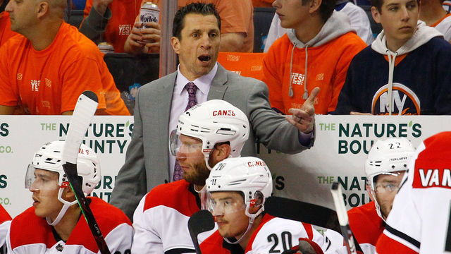 NEW YORK, NEW YORK - APRIL 26: Head Coach of the Carolina Hurricanes Rod Brind'Amour looks on from behind the bench during Game One of the Eastern Conference Second Round against the New York Islanders during the 2019 NHL Stanley Cup Playoffs at Barclays Center on April 26, 2019 in New York City.