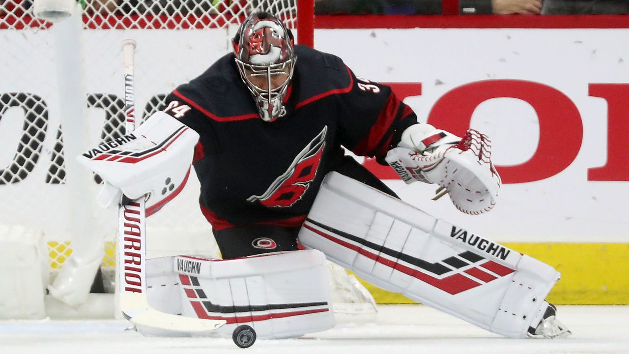 RALEIGH, NC - APRIL 18: Petr Mrazek #34 of the Carolina Hurricanes goes down in the crease to play the puck in Game Four of the Eastern Conference First Round against the Washington Capitals during the 2019 NHL Stanley Cup Playoffs on April 18, 2019 at PNC Arena in Raleigh, North Carolina.