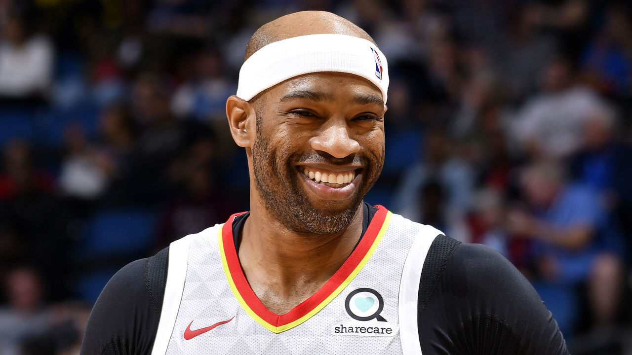 ORLANDO, FL - MARCH 17: Vince Carter #15 of the Atlanta Hawks smiles on March 17, 2019 at Amway Center in Orlando, Florida. Mandatory Copyright Notice: Copyright 2019 NBAE