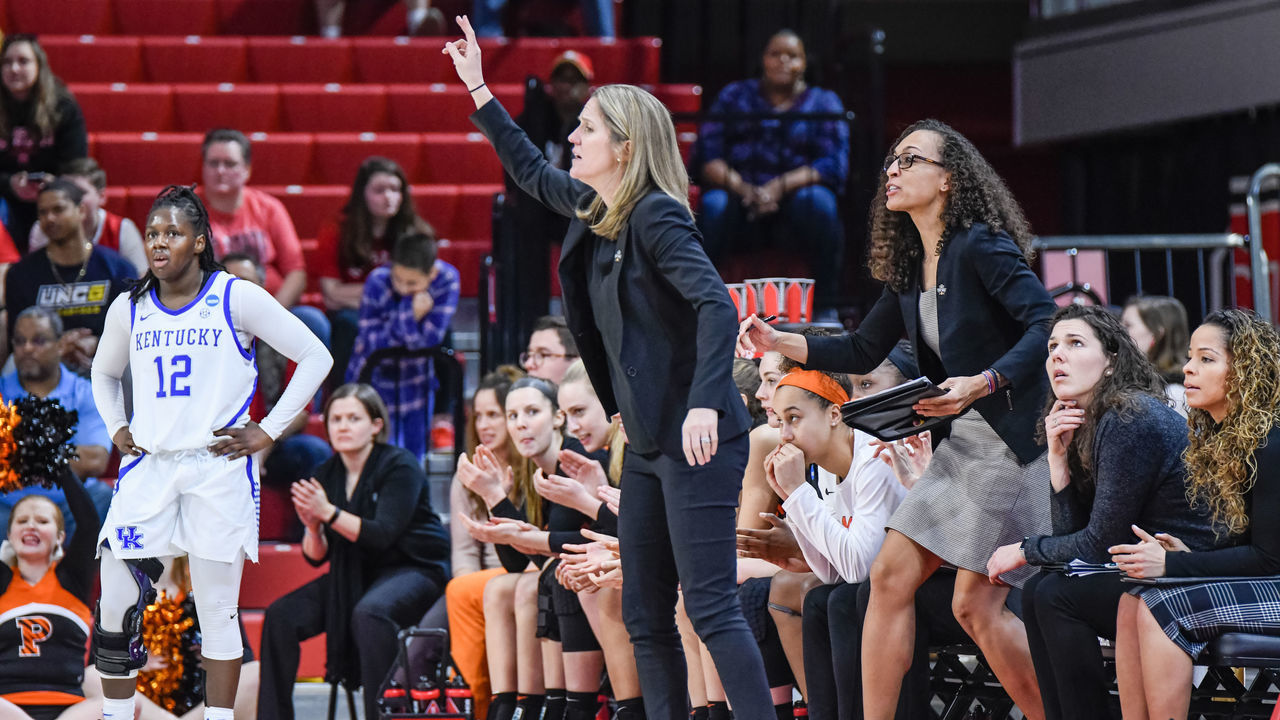RALEIGH, NC - MARCH 23: Princeton Tigers head coach Courtney Banghart sets the play during the 2019 Div 1 Women's Championship - First Round college basketball game between the Princeton Tigers and the Kentucky Wildcats on March 23, 2019, at Reynolds Coliseum in Raleigh, NC.