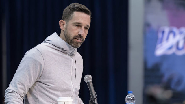 INDIANAPOLIS, IN - FEBRUARY 27: Kyle Shanahan head coach of the San Francisco 49ers is seen at the 2019 NFL Combine at Lucas Oil Stadium on February 28, 2019 in Indianapolis, Indiana.