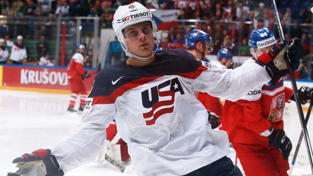 US Auston Matthews celebrates scoring in the 2016 IIHF World Championship quarterfinal ice hockey match against the Czech Republic at VTB Ice Palace in Moscow, Russia, May 19, 2016. Sergei Fadeichev/TASS