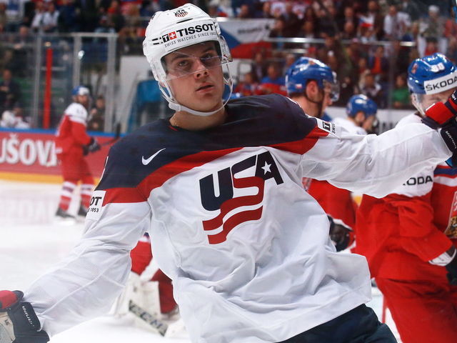 US Auston Matthews celebrates scoring in the 2016 IIHF World Championship quarterfinal ice hockey match against the Czech Republic at VTB Ice Palace in Moscow, Russia, May 19, 2016. Sergei Fadeichev/TASS