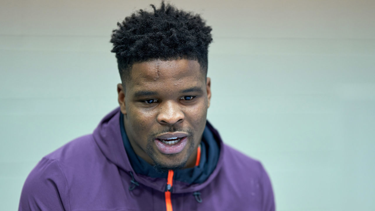 INDIANAPOLIS, IN - MARCH 02: Arkansas linebacker Dre Greenlaw answers questions from the media during the NFL Scouting Combine on March 02, 2019 at the Indiana Convention Center in Indianapolis, IN.