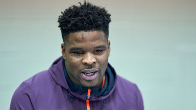 INDIANAPOLIS, IN - MARCH 02: Arkansas linebacker Dre Greenlaw answers questions from the media during the NFL Scouting Combine on March 02, 2019 at the Indiana Convention Center in Indianapolis, IN.