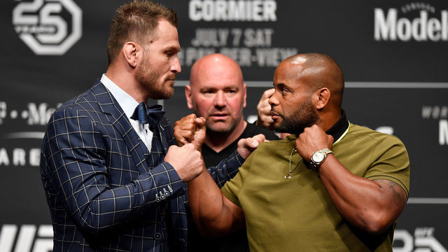 LAS VEGAS, NEVADA - JULY 05: (L-R) Opponents Stipe Miocic and Daniel Cormier face off during the UFC 226 Press Conference inside The Pearl concert theater at Palms Casino Resort on July 5, 2018 in Las Vegas, Nevada.