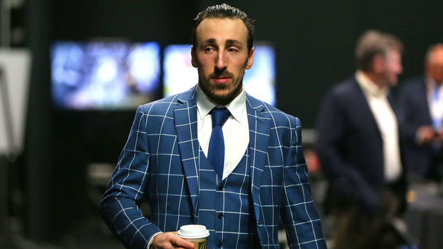 BOSTON - APRIL 27: Boston Bruins' Brad Marchand arrives for the game. The Boston Bruins host the Columbus Blue Jackets in Game 2 of the second round of the Stanley Cup Playoffs at TD Garden in Boston on April 27, 2019.