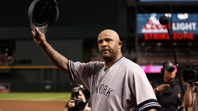 PHOENIX, ARIZONA - APRIL 30: Pitcher CC Sabathia #52 of the New York Yankees waves to the crowd after recording his 3,000th career strike out against John Ryan Murphy (not pictured) of the Arizona Diamondbacks during second inning of the MLB game at Chase Field on April 30, 2019 in Phoenix, Arizona.