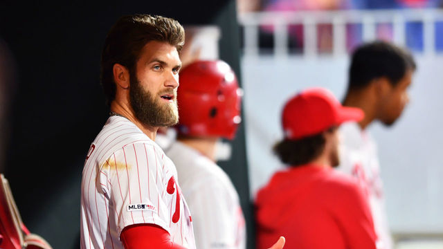 PHILADELPHIA, PA - APRIL 30: Philadelphia Phillies Outfield Bryce Harper (3) looks on from the dugout after striking out in the eighth inning during the game between the Detroit Tigers and Philadelphia Phillies on April 30, 2019 at Citizens Bank Park in Philadelphia, PA.
