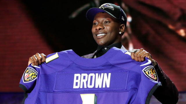 NASHVILLE, TENNESSEE - APRIL 25: Marquise Brown of Oklahoma reacts after being chosen #25 overall by the Baltimore Ravens during the first round of the 2019 NFL Draft on April 25, 2019 in Nashville, Tennessee.