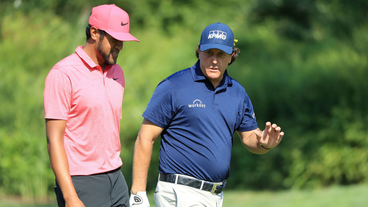 RIDGEWOOD, NJ - AUGUST 24: Tony Finau of the United States and Phil Mickelson of the United States walk on the 17th hole during the second round of The Northern Trust on August 24, 2018 at the Ridgewood Championship Course in Ridgewood, New Jersey.