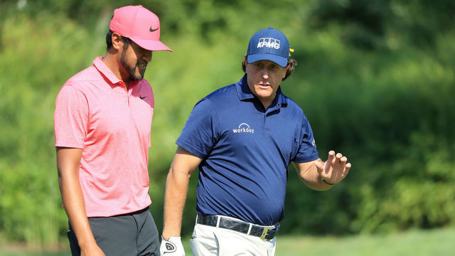 RIDGEWOOD, NJ - AUGUST 24: Tony Finau of the United States and Phil Mickelson of the United States walk on the 17th hole during the second round of The Northern Trust on August 24, 2018 at the Ridgewood Championship Course in Ridgewood, New Jersey.