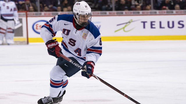 VANCOUVER, BC - JANUARY 5: Jack Hughes #6 of the United States skates with the puck in Gold Medal hockey action of the 2019 IIHF World Junior Championship against Finland on January, 5, 2019 at Rogers Arena in Vancouver, British Columbia, Canada.