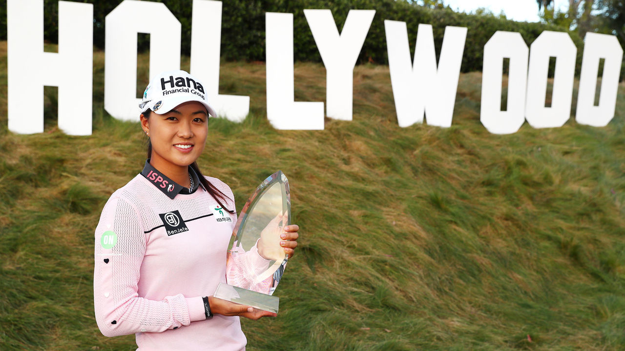 LOS ANGELES, CALIFORNIA - APRIL 28: Minjee Lee of Australia poses for photos with the winner's trophy after winning the HUGEL-AIR PREMIA LA Open at Wilshire Country Club on April 28, 2019 in Los Angeles, California.