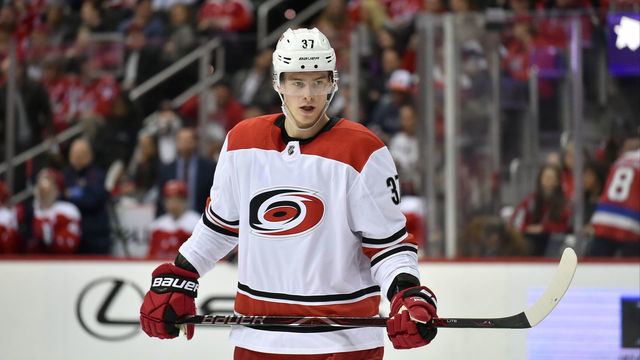 WASHINGTON, DC - MARCH 26: Carolina Hurricanes right wing Andrei Svechnikov (37) waits for a face-off during the Carolina Hurricanes vs. Washington Capitals NHL game March 26, 2019 at Capital One Arena in Washington, D.C..