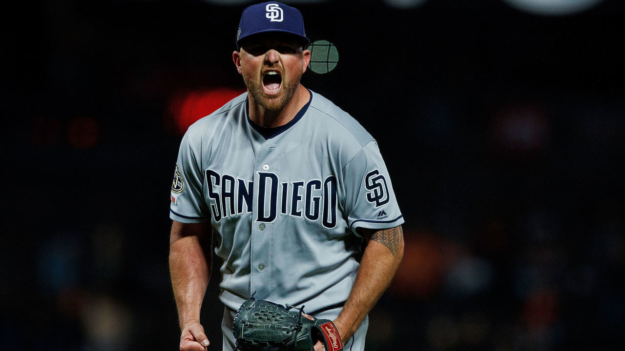 SAN FRANCISCO, CA - APRIL 08: Kirby Yates #39 of the San Diego Padres celebrates after the game against the San Francisco Giants at Oracle Park on April 8, 2019 in San Francisco, California. The San Diego Padres defeated the San Francisco Giants 6-5.
