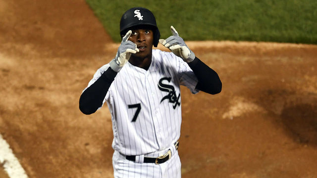 CHICAGO, IL - APRIL 29: Chicago White Sox shortstop Tim Anderson (7) reacts at home plate after hitting a two run home run in the third inning against the Baltimore Orioles on April 29, 2019 at Guaranteed Rate Field in Chicago, Illinois.