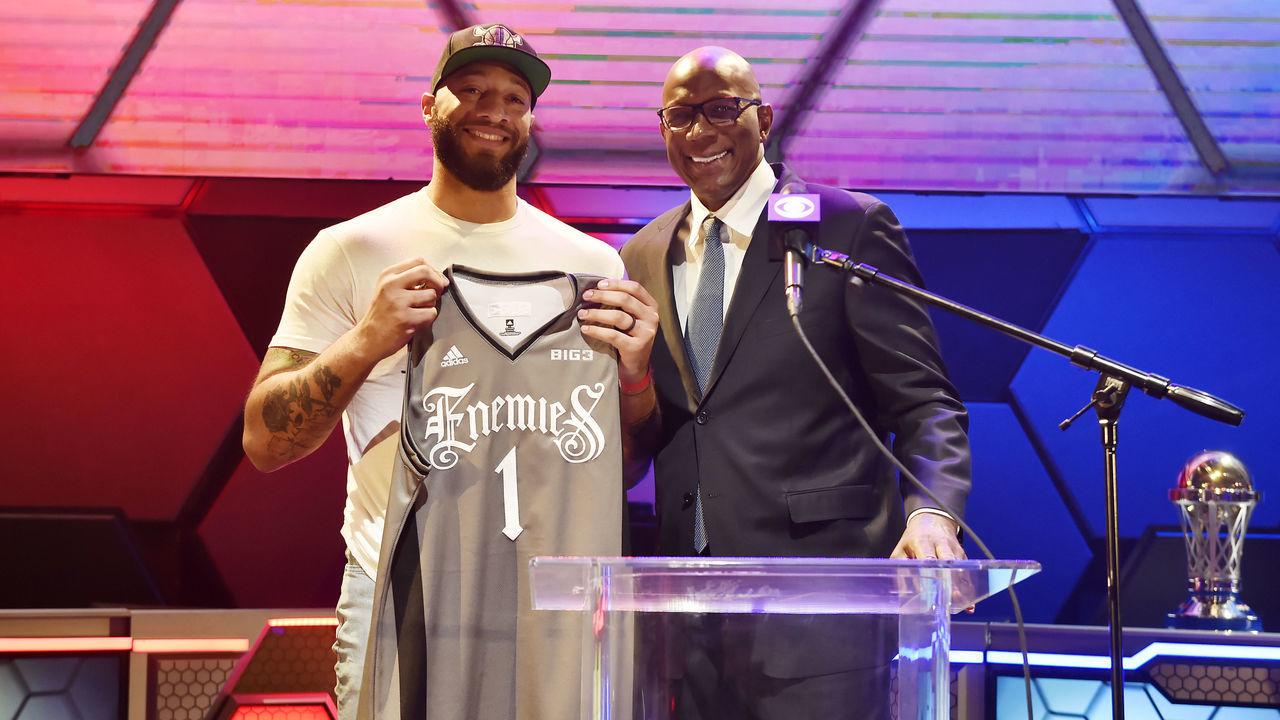 LAS VEGAS, NEVADA - MAY 01: Royce White poses with BIG3 Commissioner Clyde Drexler after being drafted at #1 by the Enemies in the first round during the BIG3 Draft at the Luxor Hotel & Casino on May 01, 2019 in Las Vegas, Nevada.