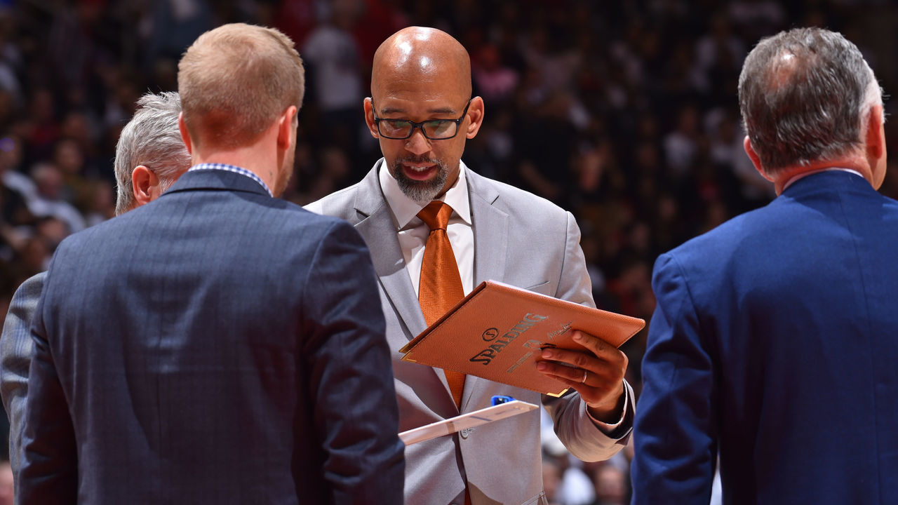 TORONTO, CANADA - APRIL 29: Assistant Coach Monty Williams of the Philadelphia 76ers looks on against the Toronto Raptors during Game Two of the Eastern Conference Semifinals of the 2019 NBA Playoffs on April 29, 2019 at Scotiabank Arena in Toronto, Ontario, Canada. NOTE TO USER: User expressly acknowledges and agrees that, by downloading and/or using this photograph, user is consenting to the terms and conditions of the Getty Images License Agreement. Mandatory Copyright Notice: Copyright 2019 NBAE