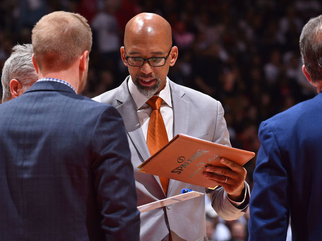 TORONTO, CANADA - APRIL 29: Assistant Coach Monty Williams of the Philadelphia 76ers looks on against the Toronto Raptors during Game Two of the Eastern Conference Semifinals of the 2019 NBA Playoffs on April 29, 2019 at Scotiabank Arena in Toronto, Ontario, Canada. NOTE TO USER: User expressly acknowledges and agrees that, by downloading and/or using this photograph, user is consenting to the terms and conditions of the Getty Images License Agreement. Mandatory Copyright Notice: Copyright 2019 NBAE