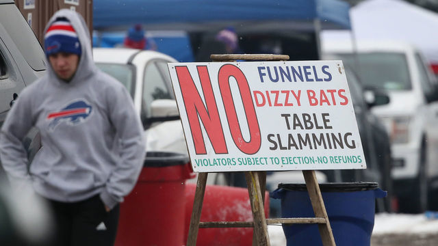 BUFFALO, NY - DECEMBER 30: A sign notes the prohibition of table slamming and other activities as fans of the Buffalo Bills gather for tailgating activities prior to the Bills NFL game against the Miami Dolphins at New Era Field on December 30, 2018 in Buffalo, New York. *** Local Caption ***