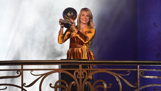 Olympique Lyonnais' Norwegian forward Ada Hegerberg brandishes her trophy after receiving the 2018 Women's Ballon d'Or award for best player of the year during the 2018 Ballon d'Or award ceremony at the Grand Palais in Paris on December 3, 2018.
