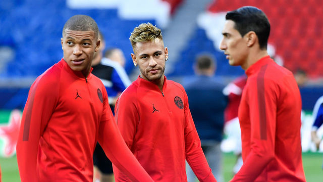 Neymar Jr #10,Angel Di Maria #11,Killian Mbappe #7 of PSG during the UEFA Champions' League football match Paris Saint Germain (PSG) against Red Star Belgrade at the Parc des Princes stadium in Paris on October 3, 2018.