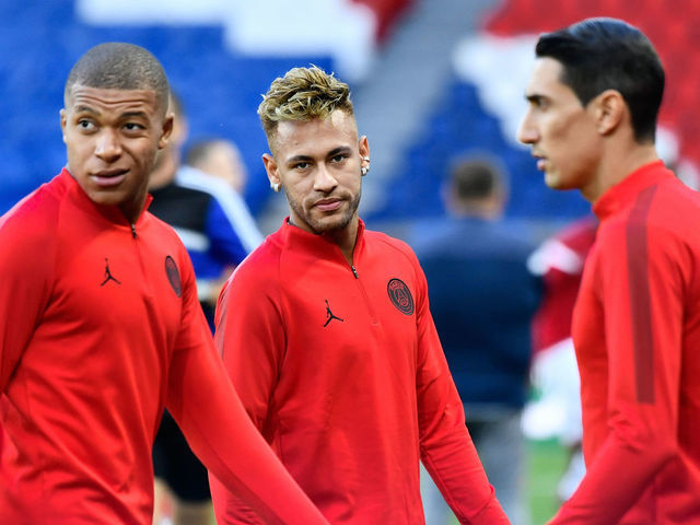 Neymar Jr #10,Angel Di Maria #11,Killian Mbappe #7 of PSG during the UEFA Champions' League football match Paris Saint Germain (PSG) against Red Star Belgrade at the Parc des Princes stadium in Paris on October 3, 2018.