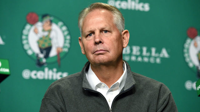 BOSTON, MA - SEPTEMBER 1: Danny Ainge looks on as Kyrie Irving and Gordon Hayward get introduced as Boston Celtics on September 1, 2017 at the TD Garden in Boston, Massachusetts. Mandatory Copyright Notice: Copyright 2017 NBAE