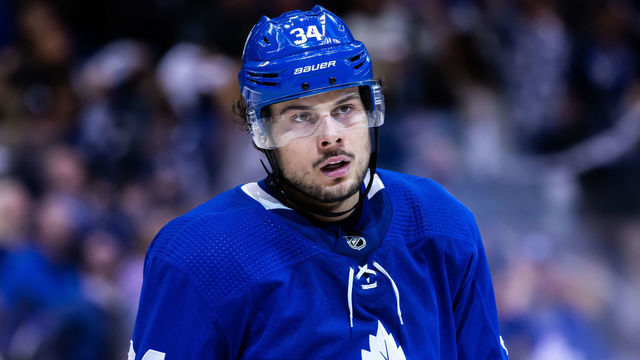 TORONTO, ON - APRIL 21: Auston Matthews #34 of the Toronto Maple Leafs looks on against the Boston Bruins during the third period during Game Six of the Eastern Conference First Round during the 2019 NHL Stanley Cup Playoffs at the Scotiabank Arena on April 21, 2019 in Toronto, Ontario, Canada.